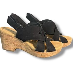 Clarks Giselle Flora Womens Suede Leather Cork Wedge Platform Sandals Black 9